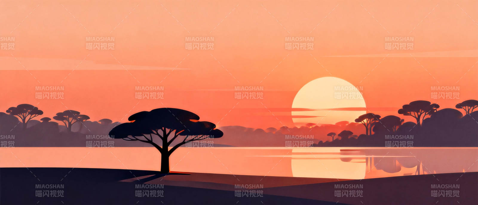 日落湖畔树影图片