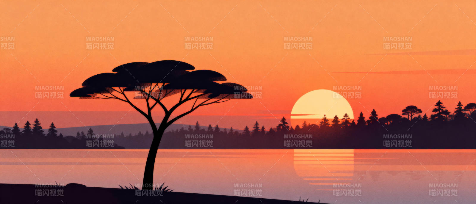 夕阳下的孤树剪影图片