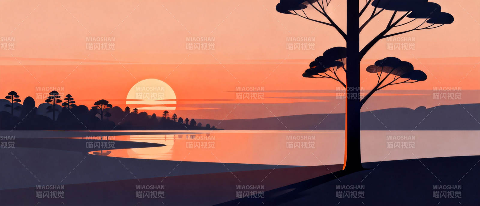 夕阳湖畔树影图片