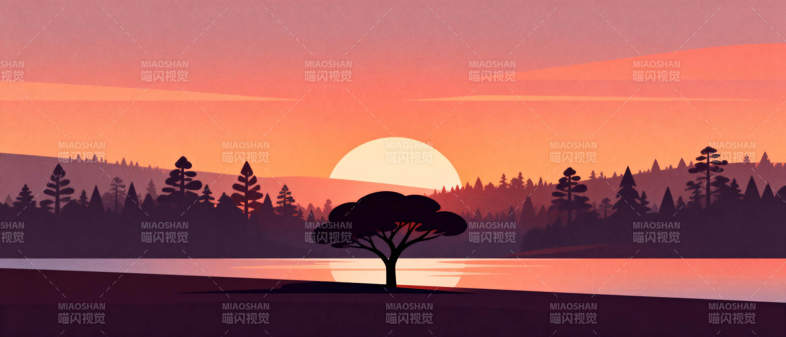 湖畔日落剪影图片