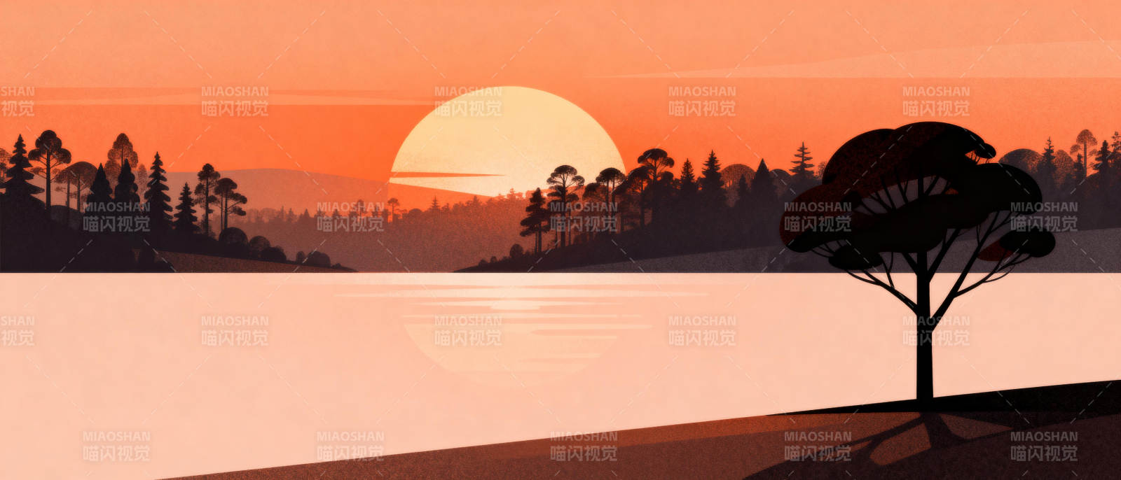 湖畔夕阳剪影图片