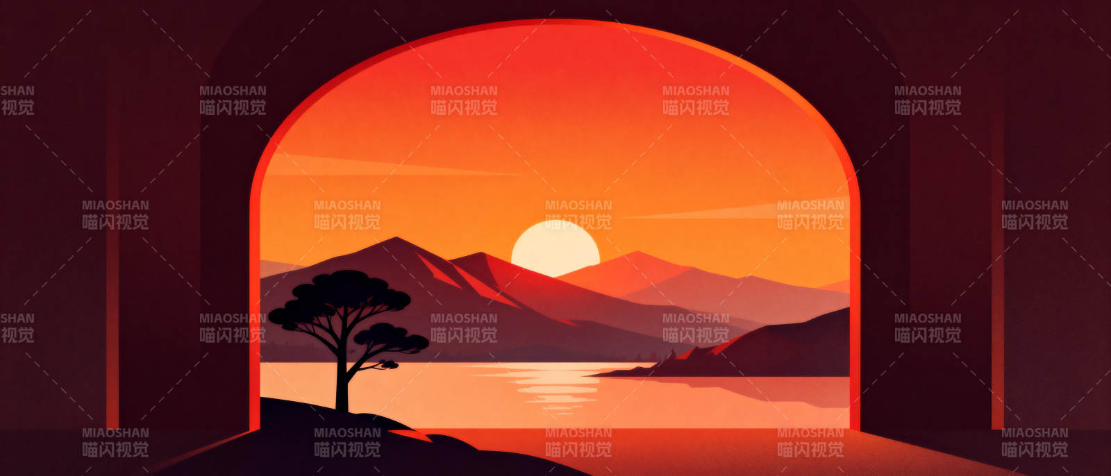 夕阳映山湖图片