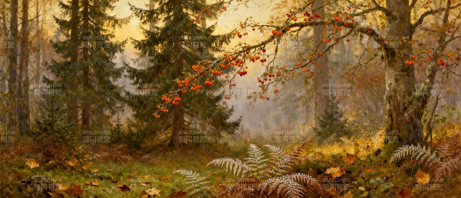 秋林晨雾图片