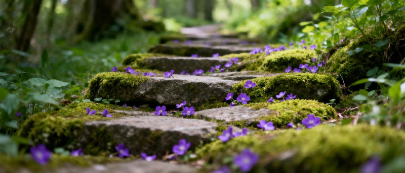 林间石径紫花绽放图片