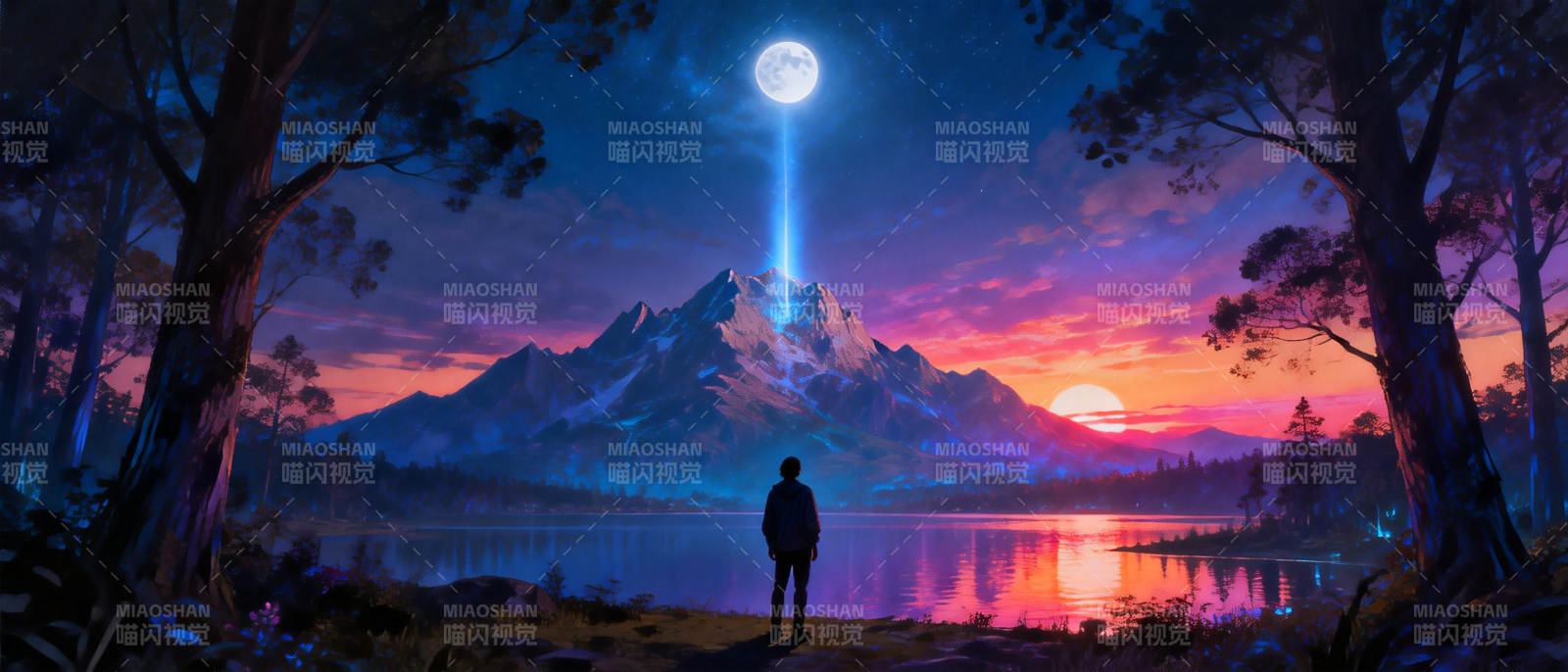 月照山湖夜图片