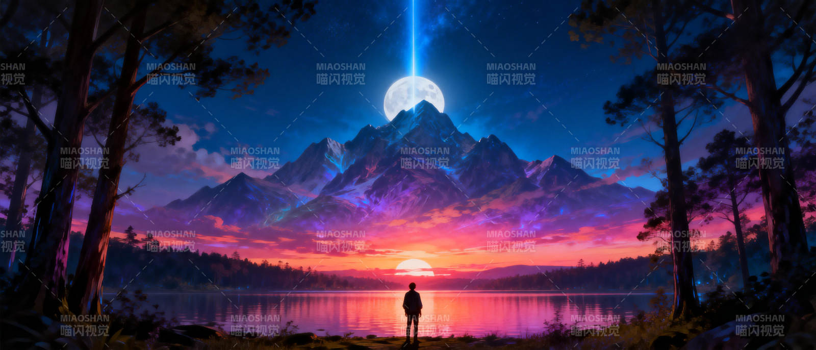 月照山湖夜景图片