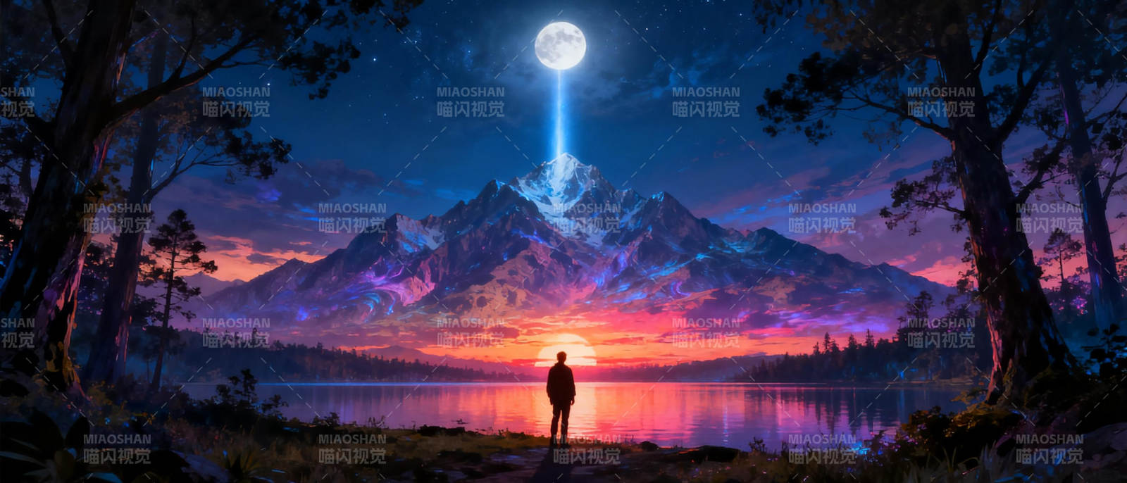 月照山湖夜图片