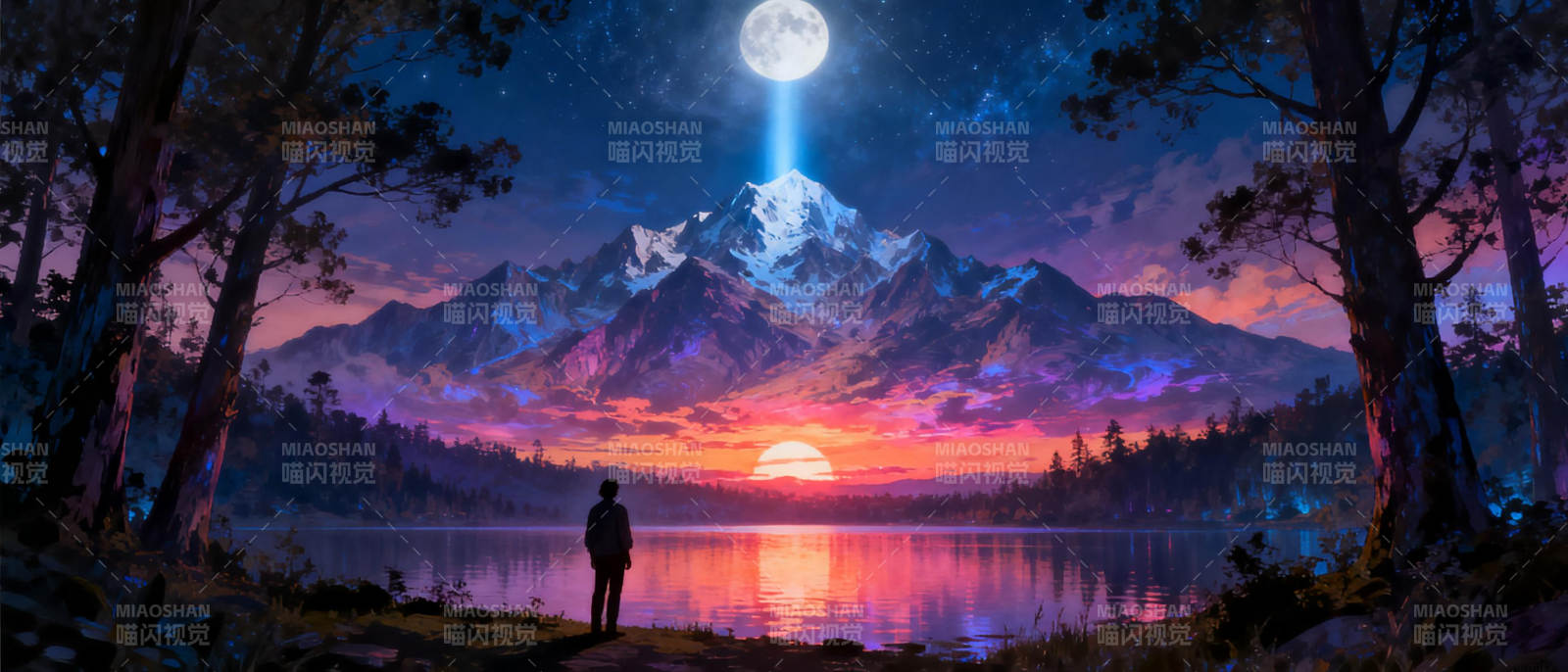 月照雪山湖畔图片