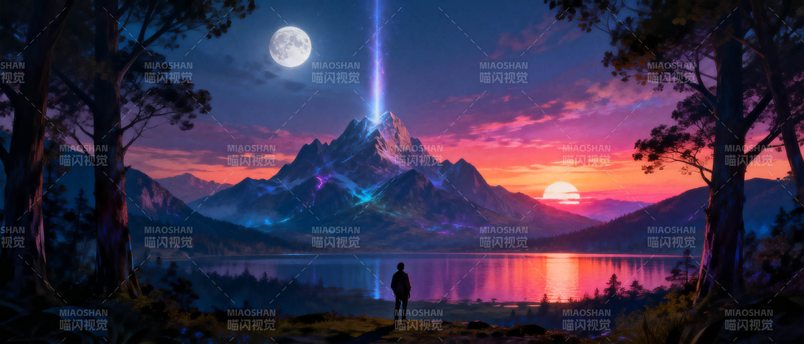 月光山影湖畔人图片