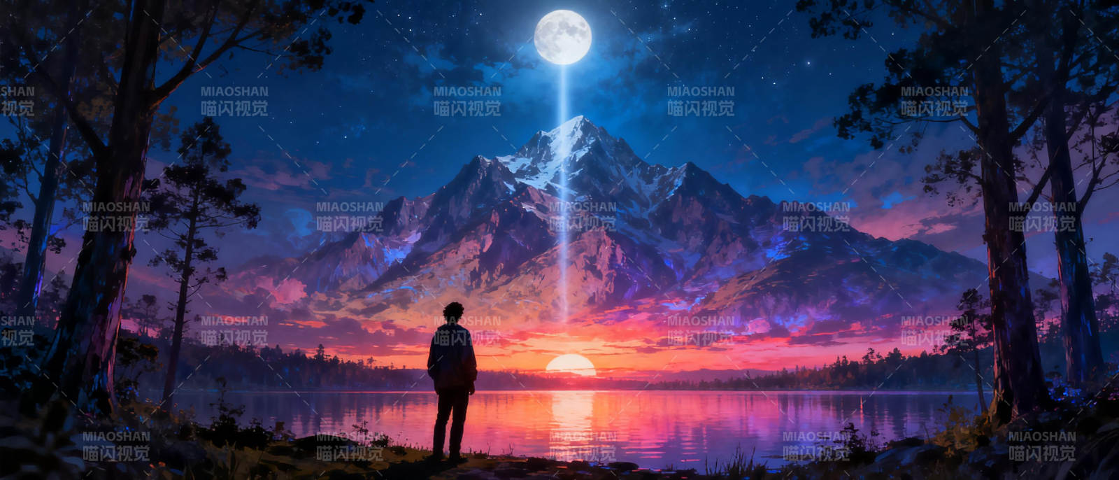 月照山湖夜景图片