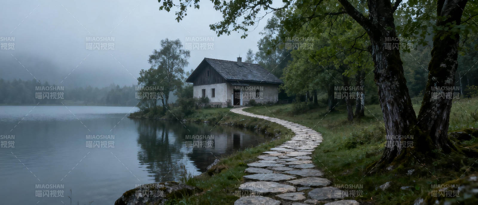 湖畔小屋静谧景图片