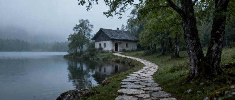 湖畔小屋静谧景图片
