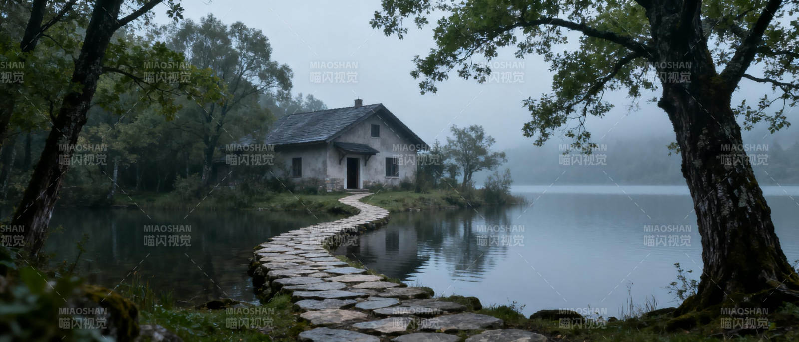 湖畔小屋静谧景图片