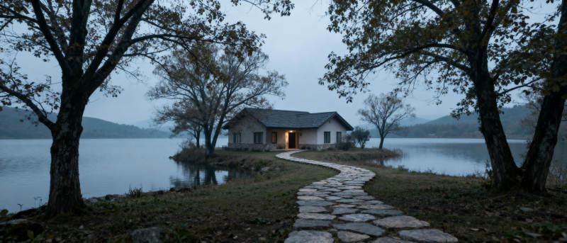 湖畔小屋静谧夜图片