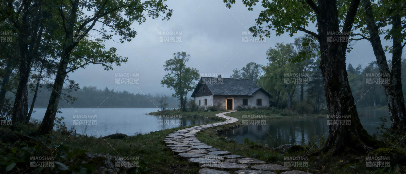 湖畔小屋静谧夜图片