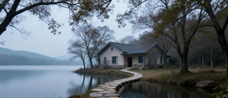 湖畔小屋静谧秋景图片