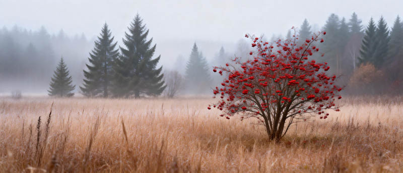 红叶孤树雾中立图片