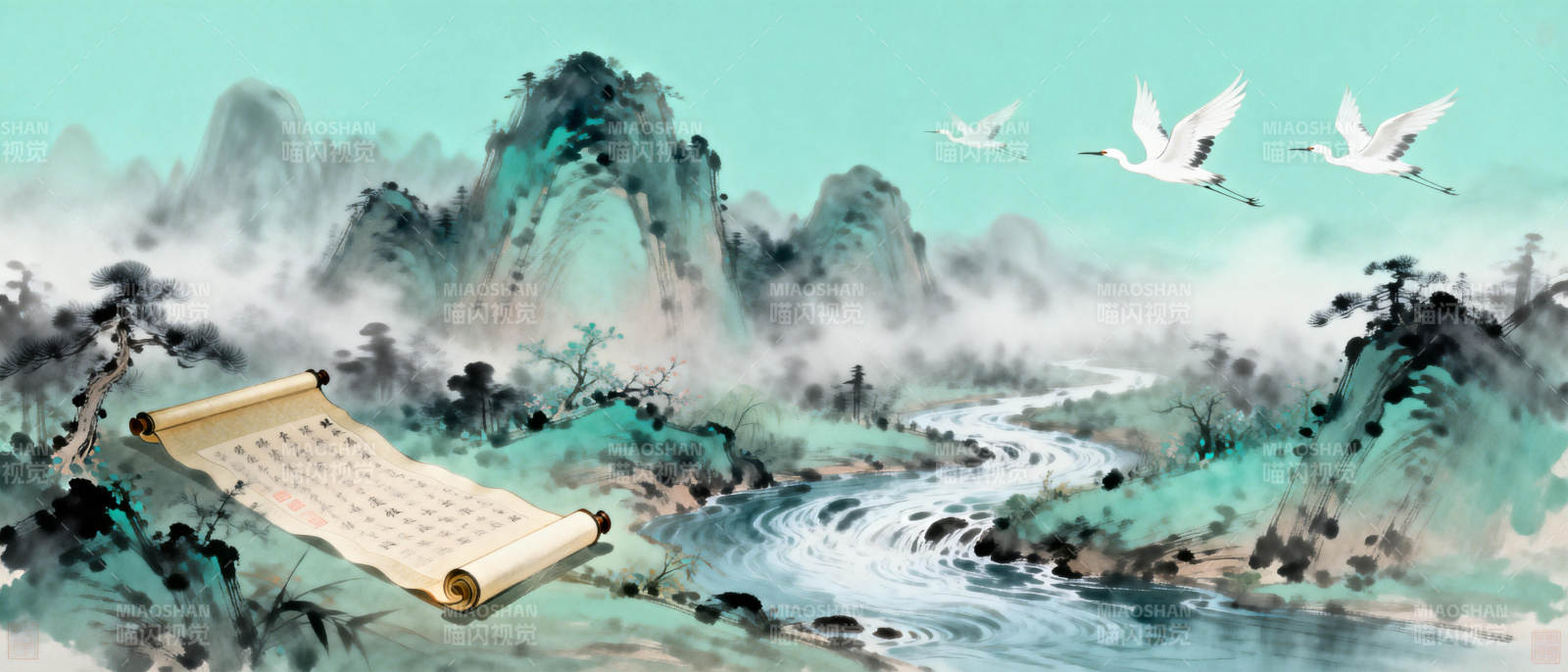 山水画卷 鹤舞云间图片
