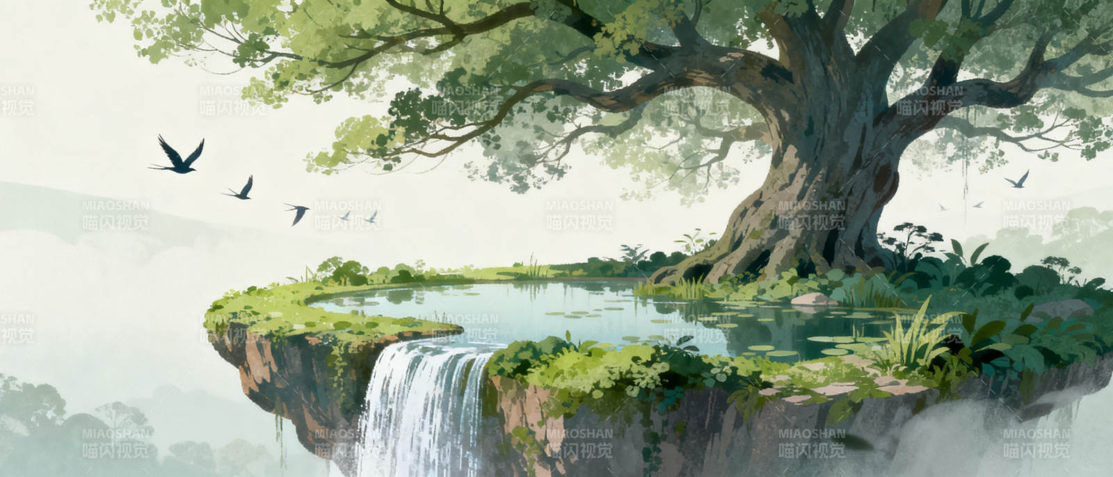 悬崖古树飞鸟图图片