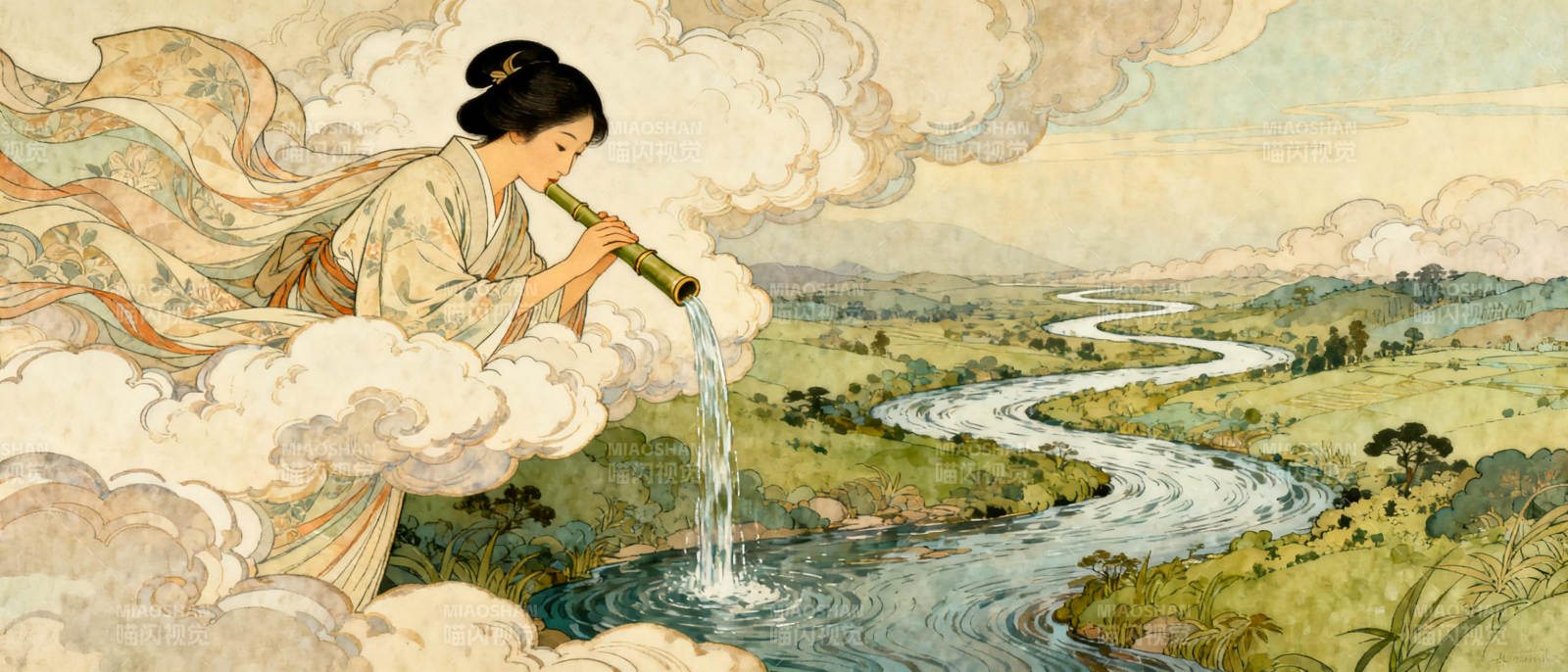 云中吹笛引清泉图片