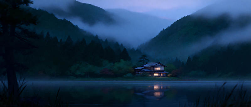 湖畔夜宿山居图片