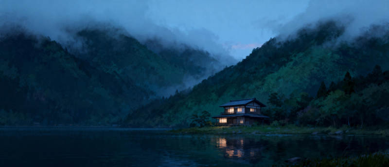 湖畔夜宿山居图片