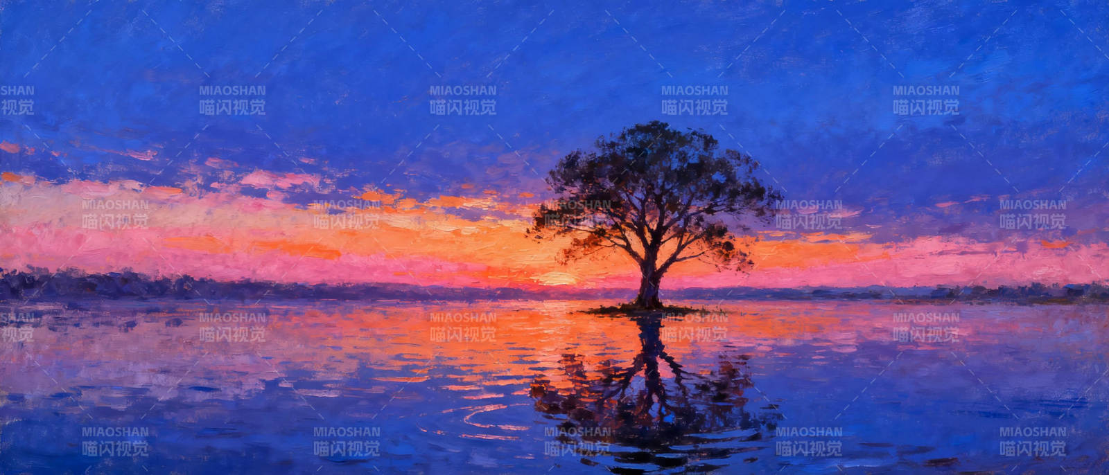 孤树映霞光图片