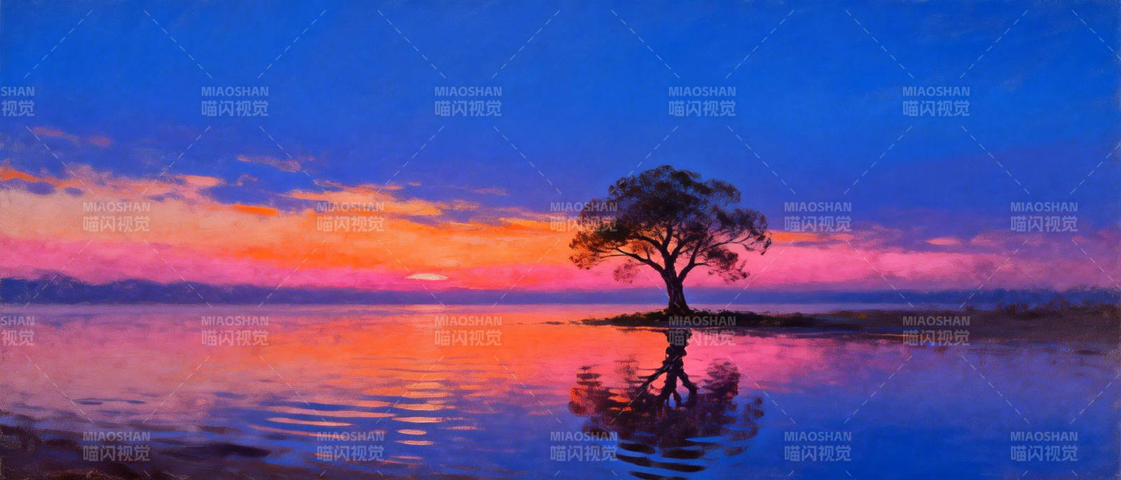 孤树映霞光图片