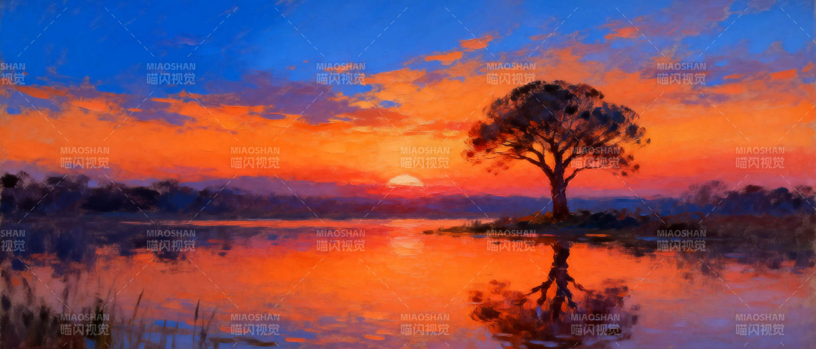 湖畔夕阳树影图片