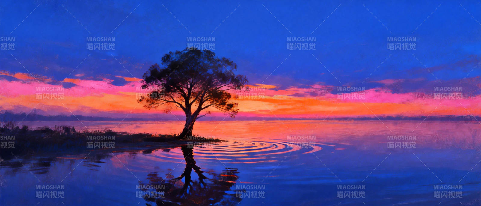 孤树映霞光图片