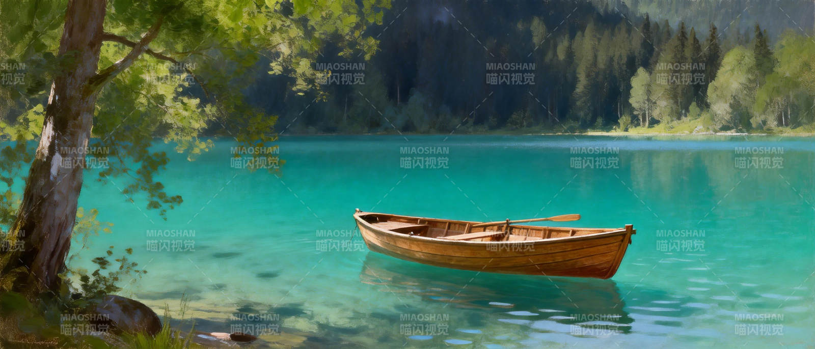湖畔独舟静谧景图片