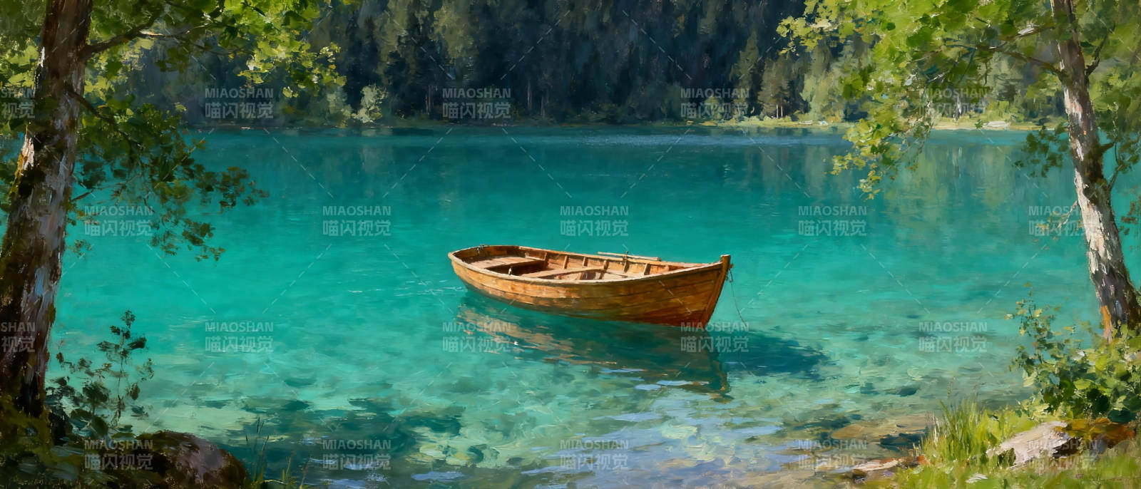 湖畔独舟静谧景图片