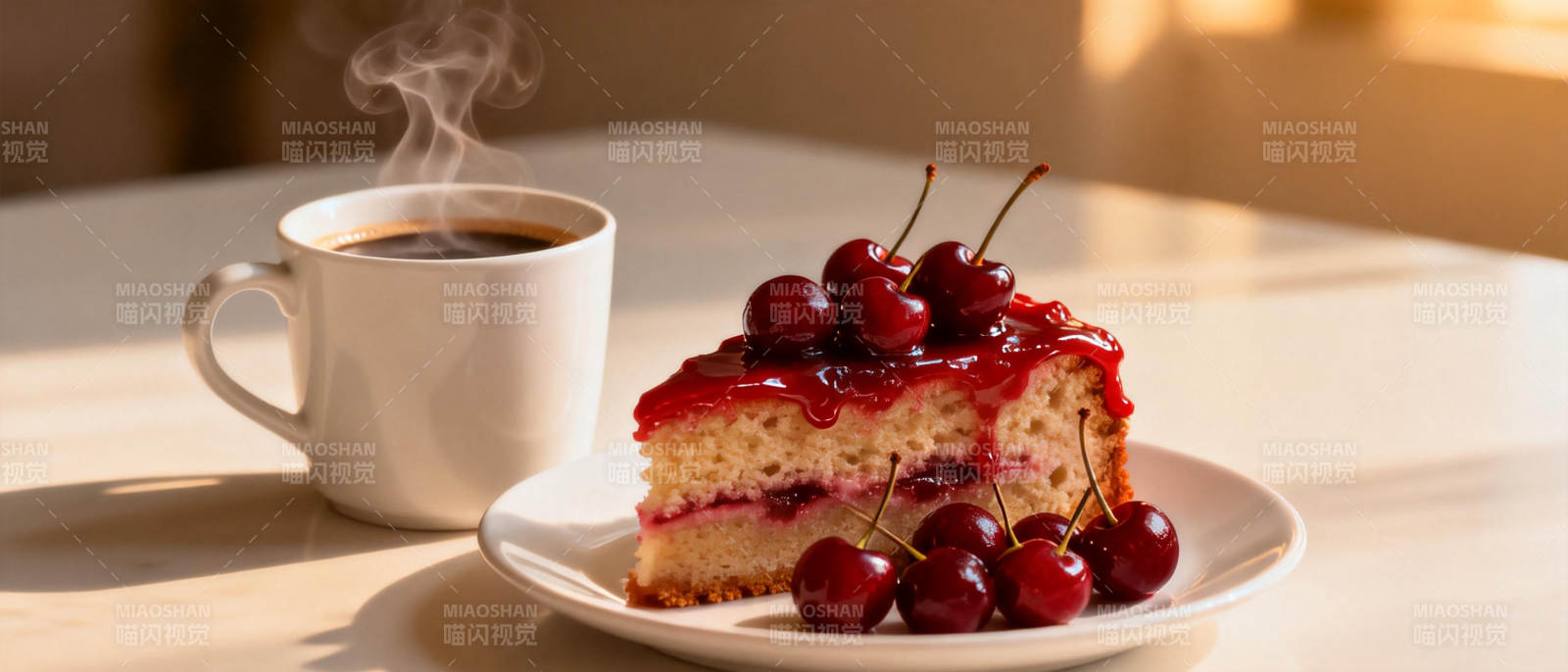 樱桃蛋糕配咖啡图片