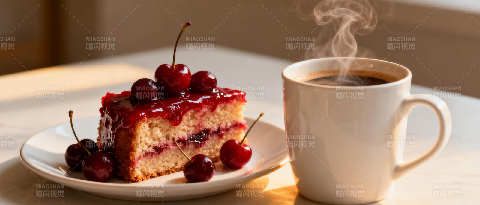 樱桃蛋糕配热咖啡图片