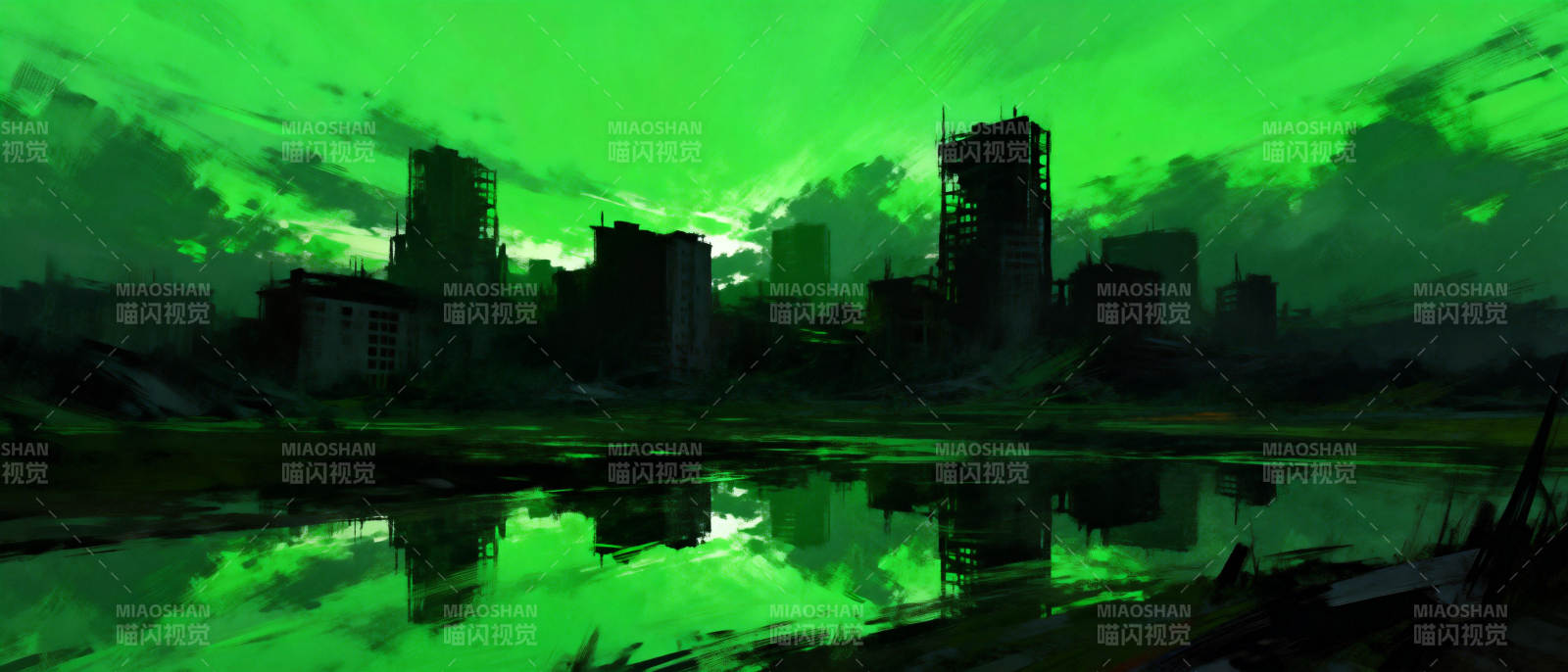 绿夜都市倒影图片