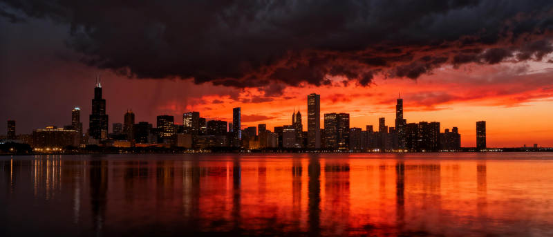 城市暮色映水图片