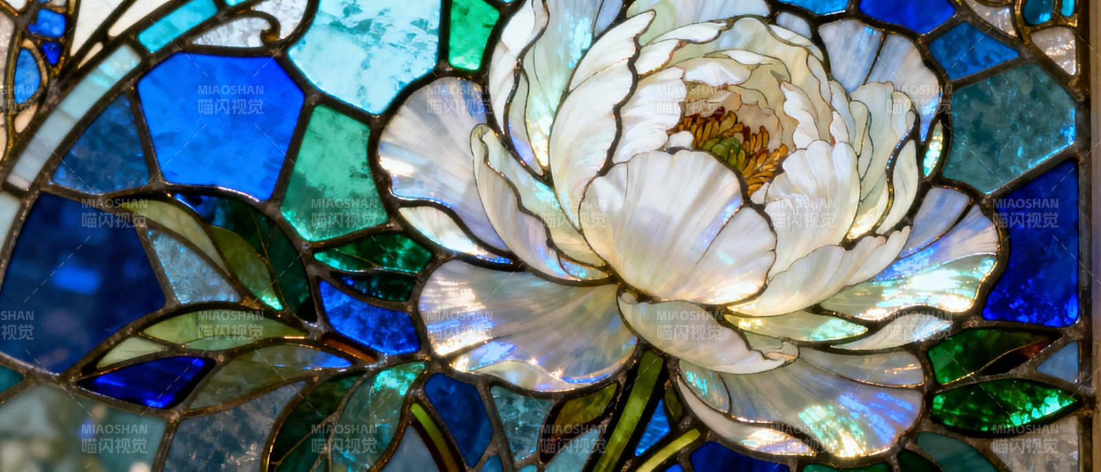 彩绘玻璃上的白花图片