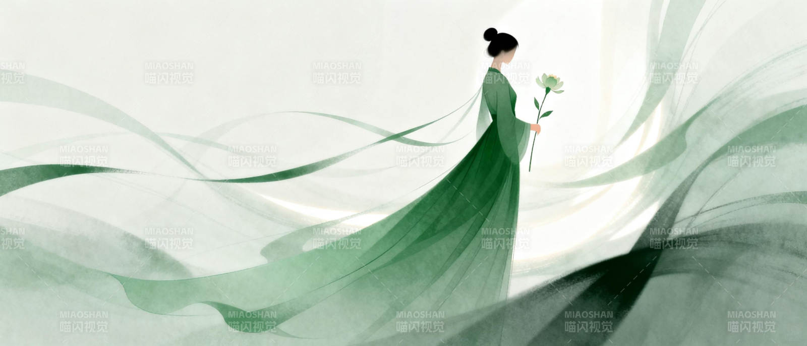 绿衣女子持花行图片
