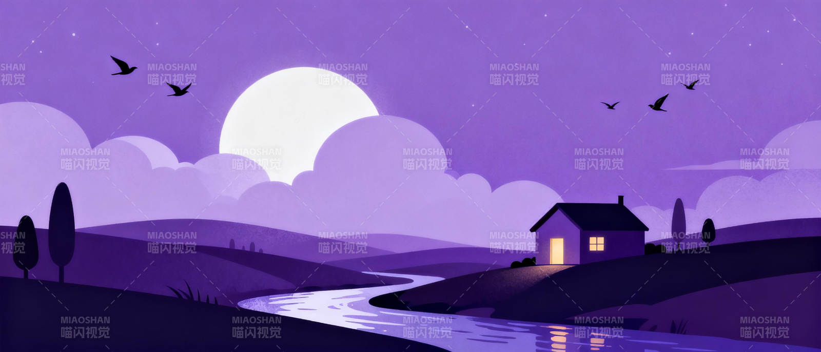 月夜小屋静谧图图片