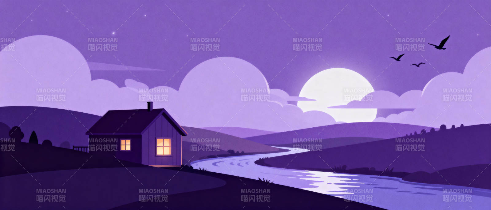 月夜小屋静谧河畔图片