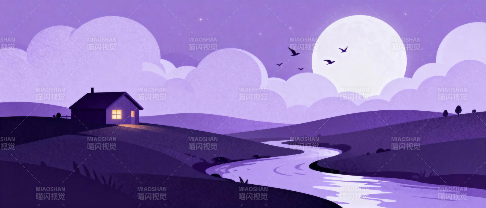 月夜溪畔小屋图片