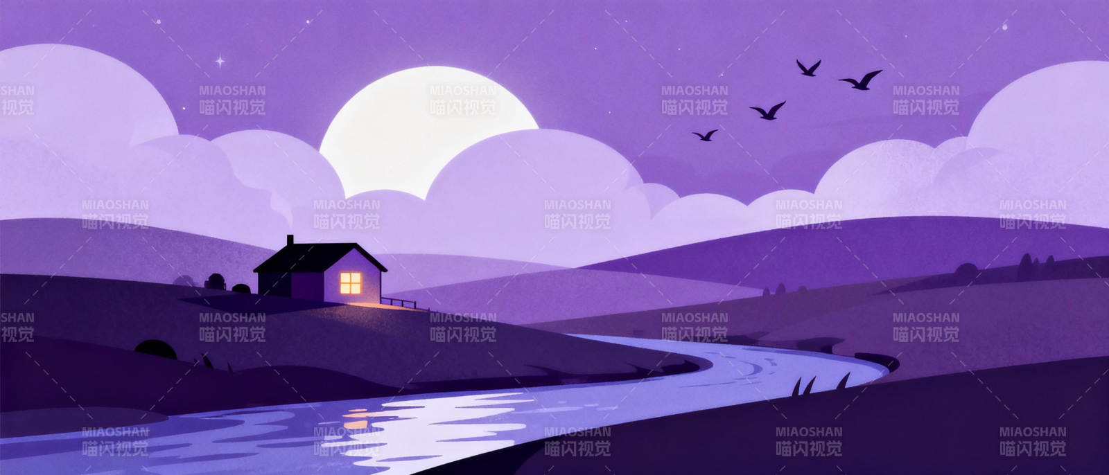 月夜溪畔小屋图片