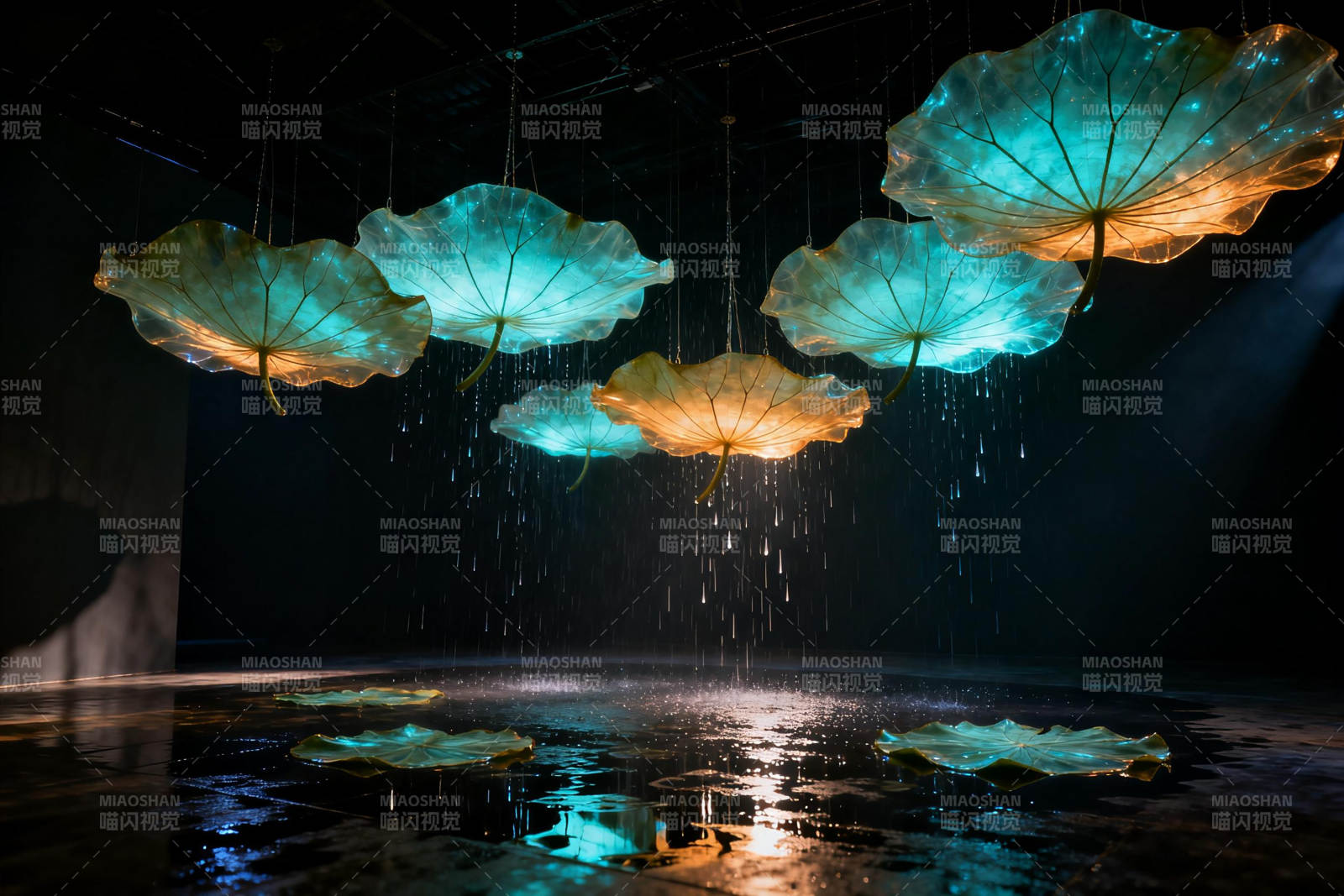 莲叶光影水幕图片