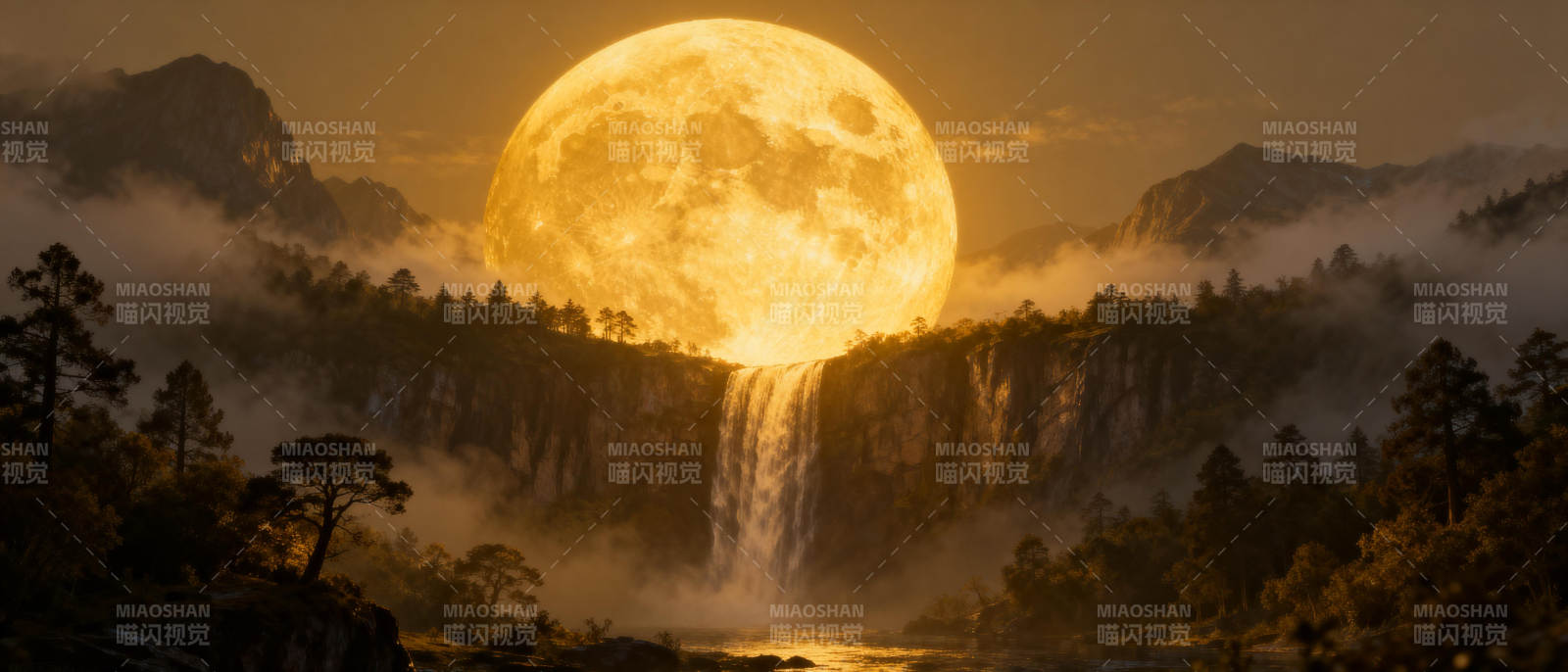 月照瀑布山林图片