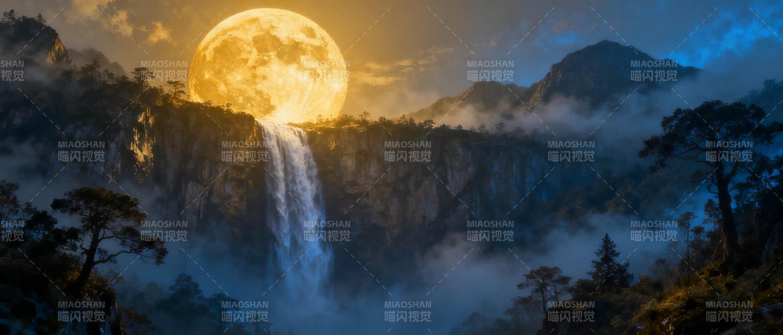 月照瀑布山峦图片