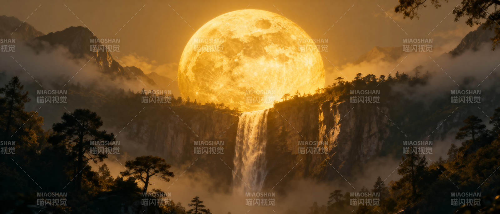 月照瀑布山林图片