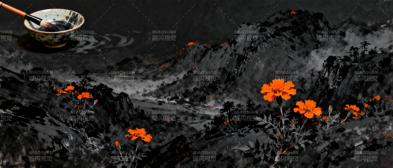 墨色山水映橙花图片