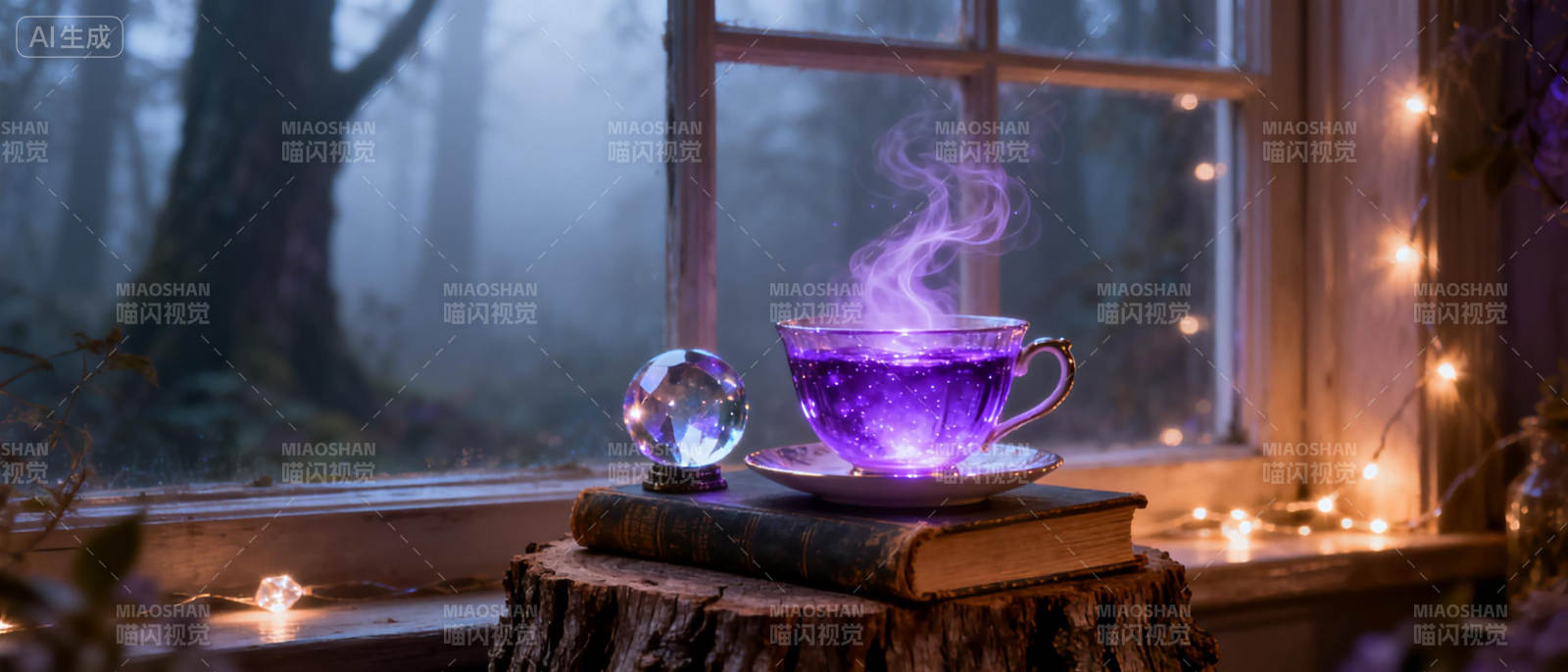 紫雾茶香窗边夜图片