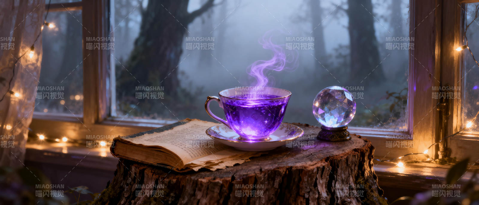 窗边紫茶雾绕书图片