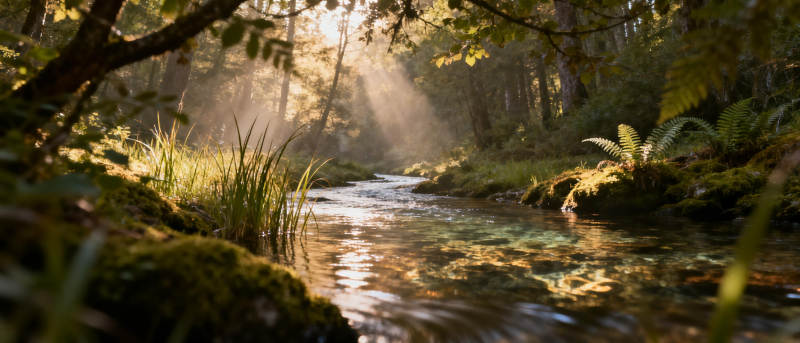 林间溪流晨光图片